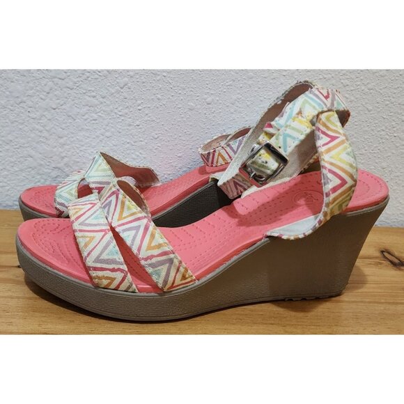 Crocs Leigh Womens Ankle Cross Strap Wedge Sandals Pink Multicolor 15313 Size 9 - Picture 4 of 12